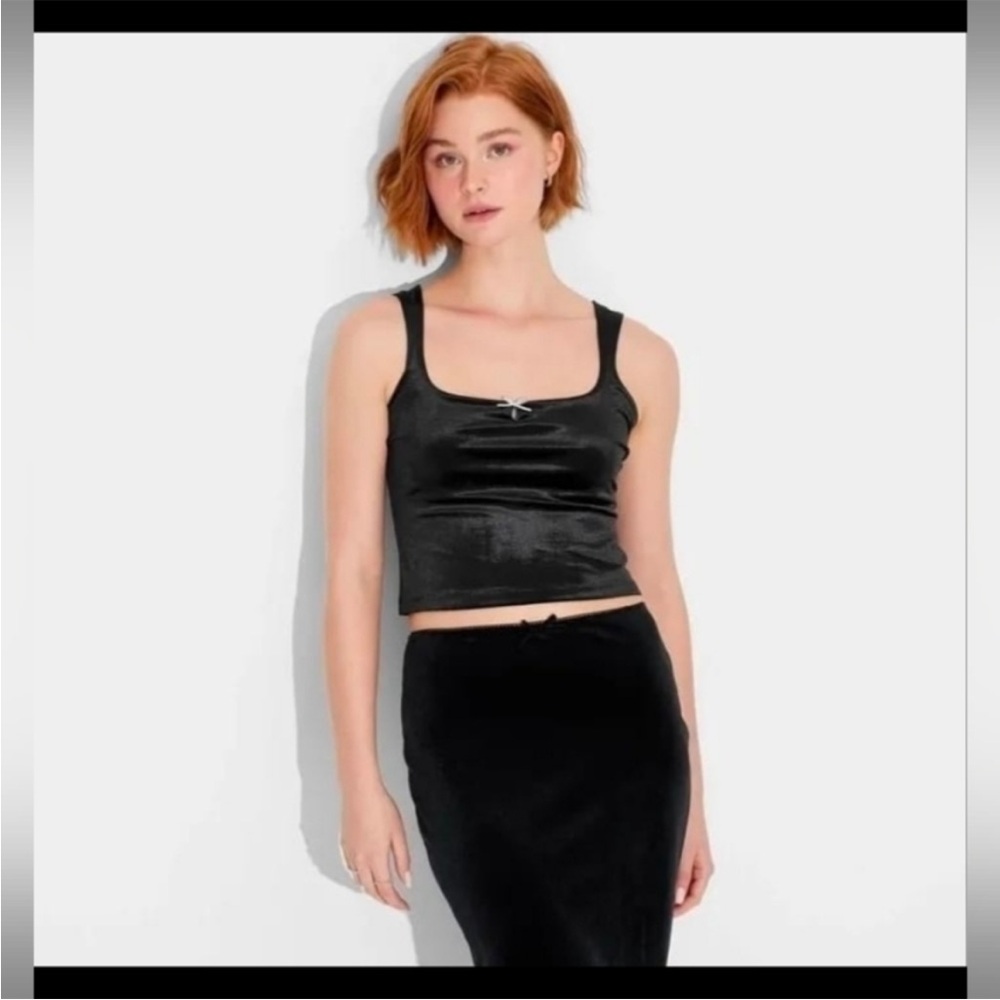 Wild Fable Velvet Sleek Black Cropped Bow Tank Size XXS | NWT